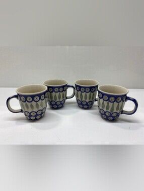 Set of 4 Boleslawiec Polish Pottery Peacock Feather Mugs Handmade